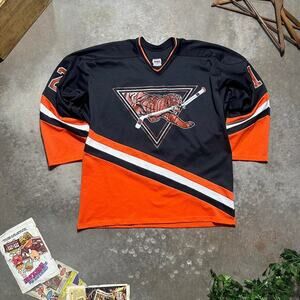 Vintage 90s Tigers Hockey Jersey Mens XL Black Orange and White Skater Tee Shirt